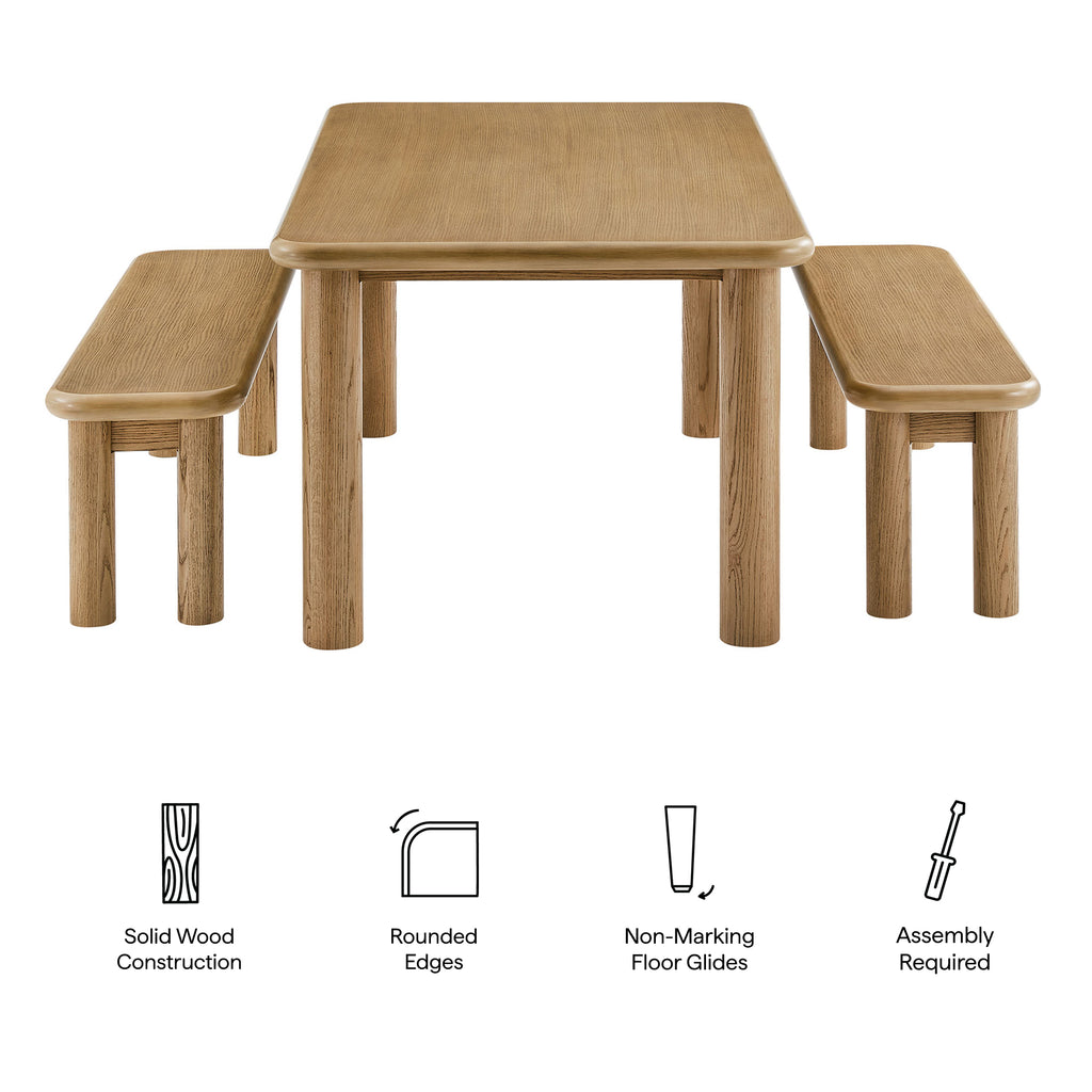 Alvia 3-Piece Oak Wood Dining Table and Benches Set - Weathered Oak