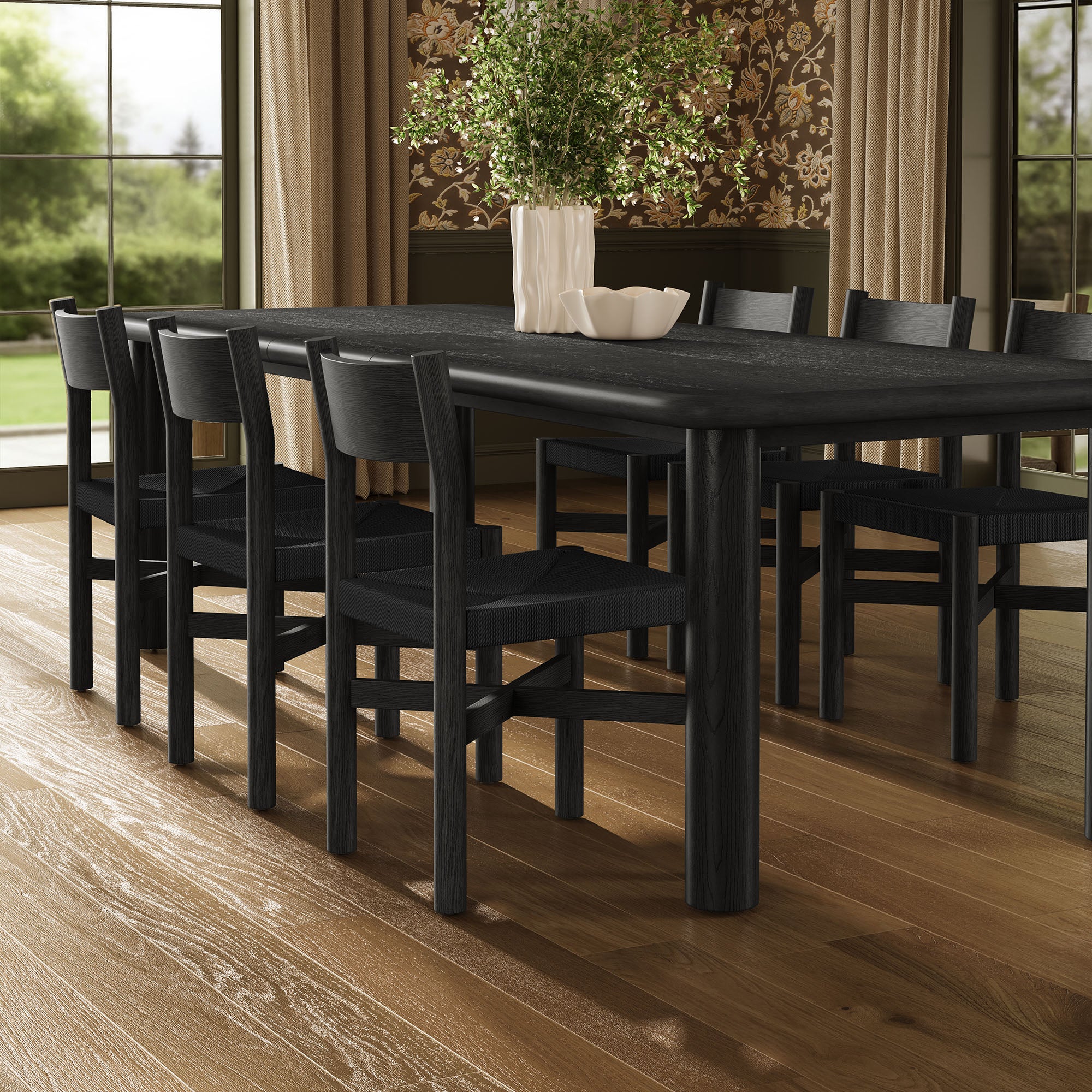 Alvia 7-Piece Oak Wood Extendable Dining Table and Chairs Set - Black