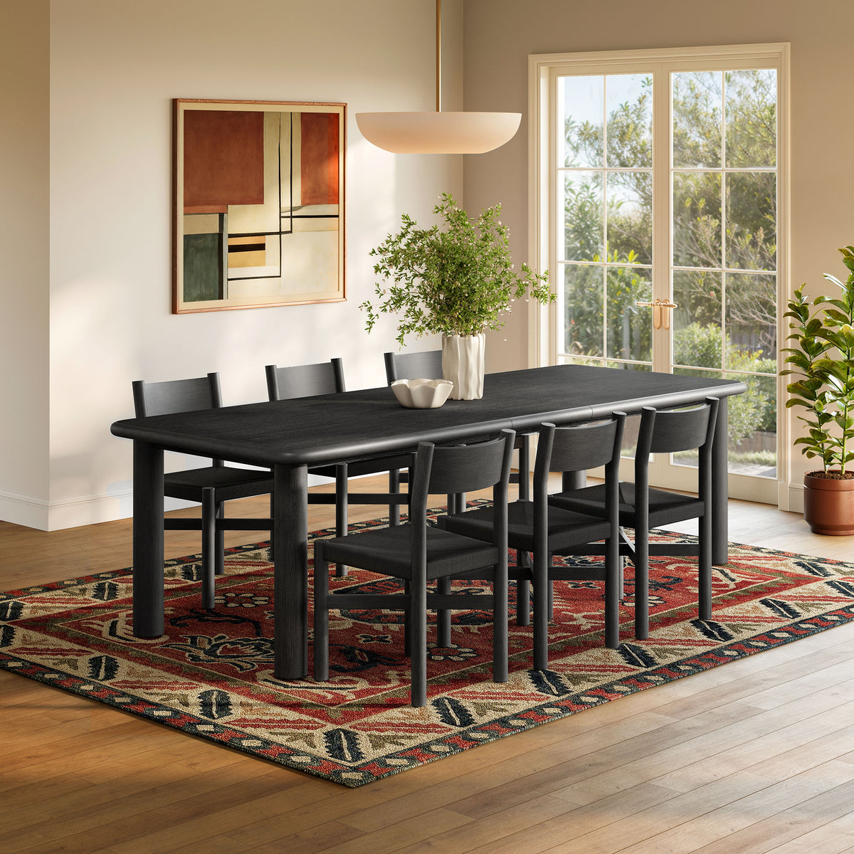 Alvia 7-Piece Oak Wood Extendable Dining Table and Chairs Set - Black