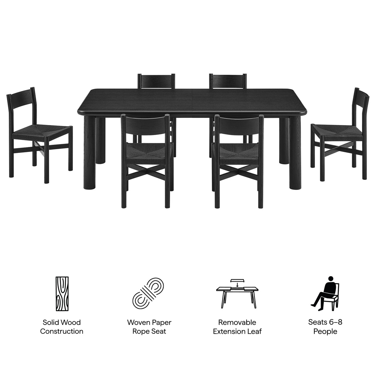 Alvia 7-Piece Oak Wood Extendable Dining Table and Chairs Set - Black