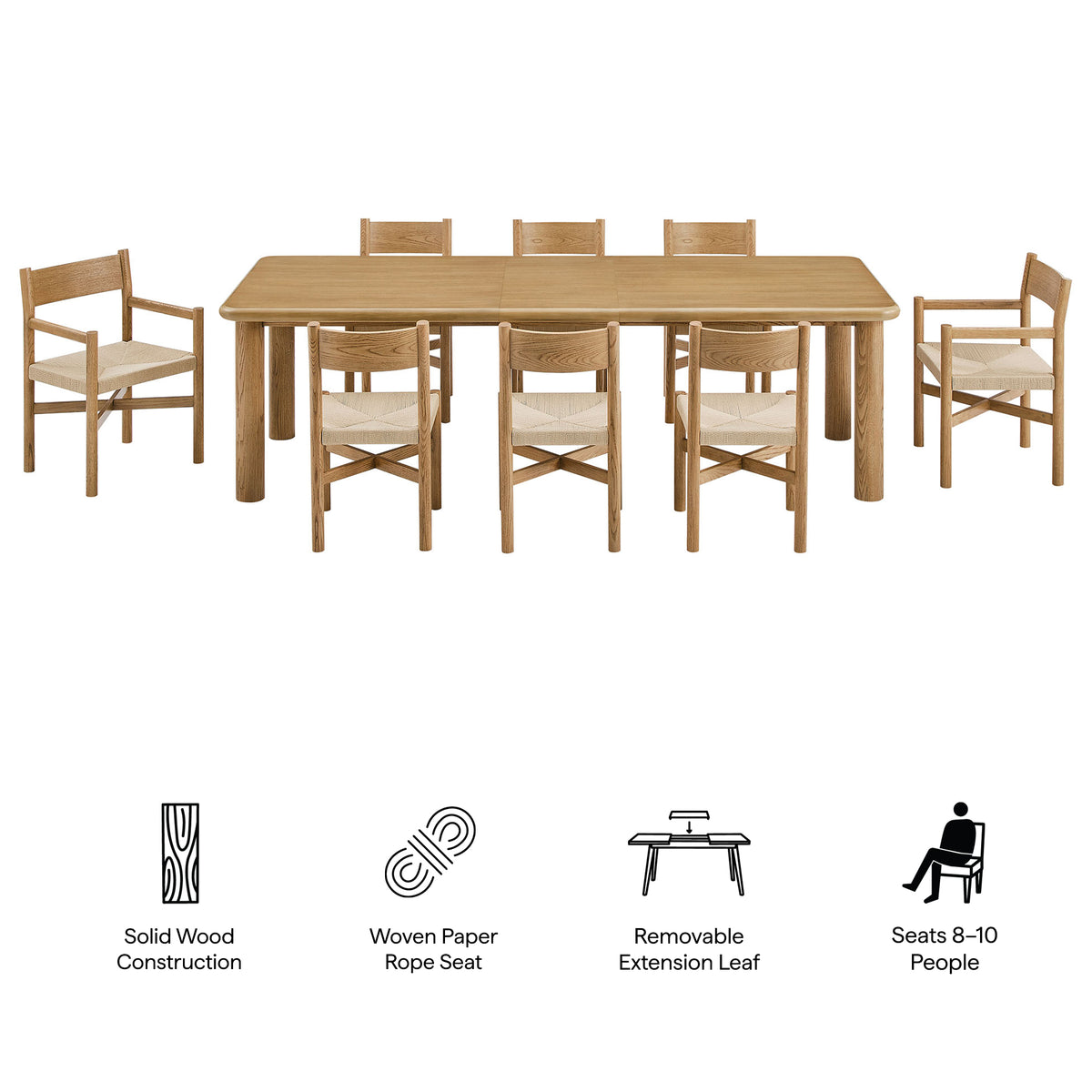 Alvia 9-Piece Oak Wood Extendable Dining Table and Chairs Set - Weathered Oak