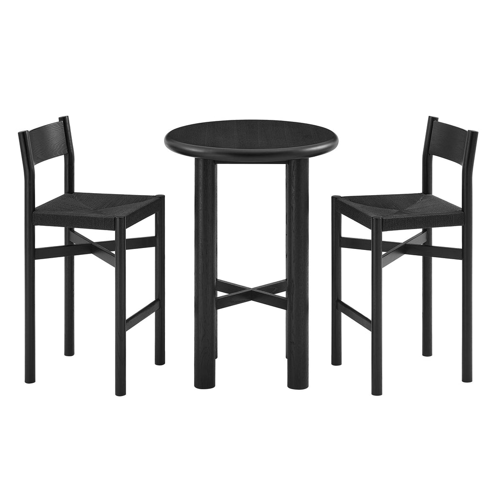 Alvia 3-Piece Round Oak Wood Bar Table With Bar Stools Set - Black