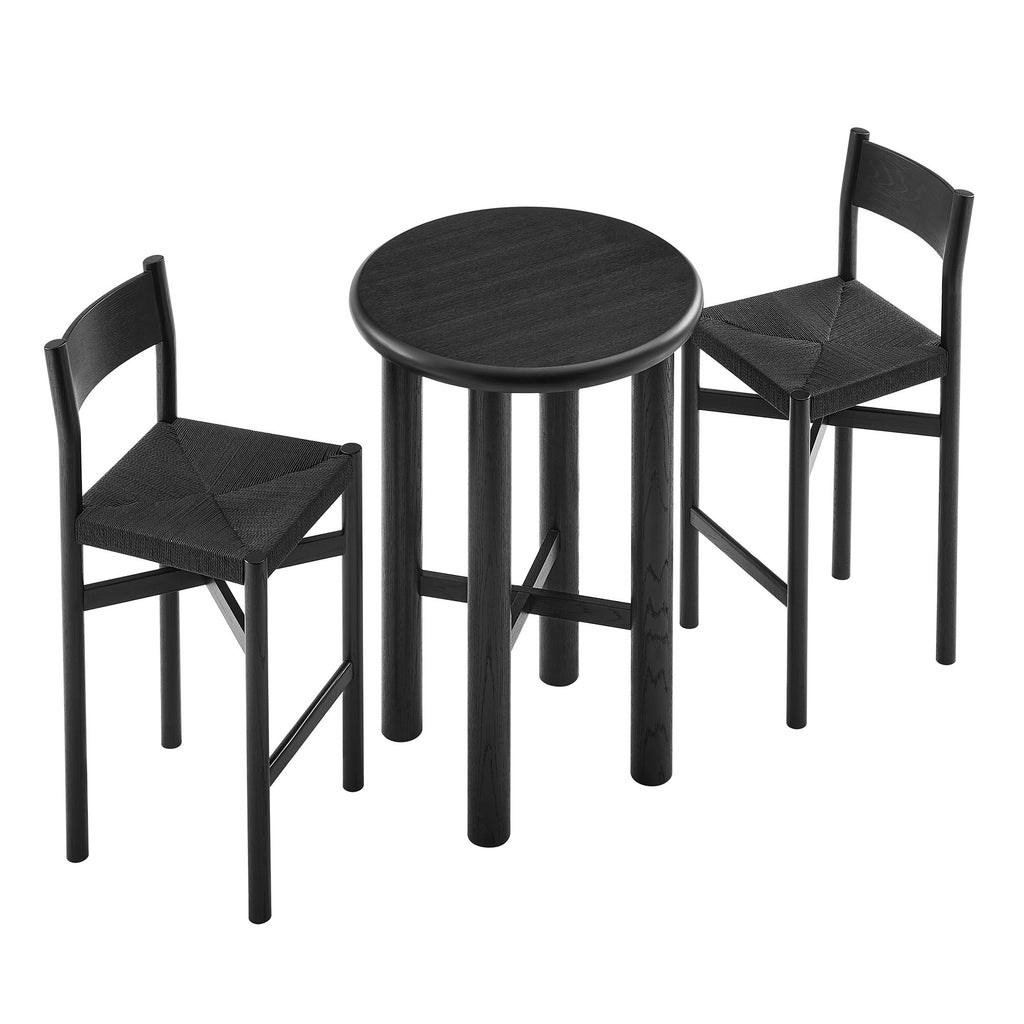 Alvia 3-Piece Round Oak Wood Bar Table With Bar Stools Set - Black