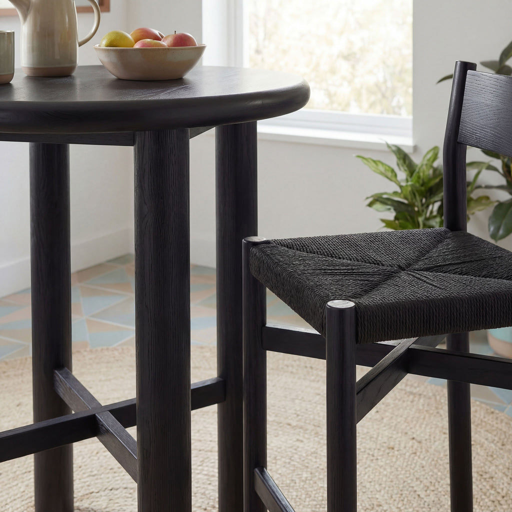 Alvia 3-Piece Round Oak Wood Bar Table With Bar Stools Set - Black