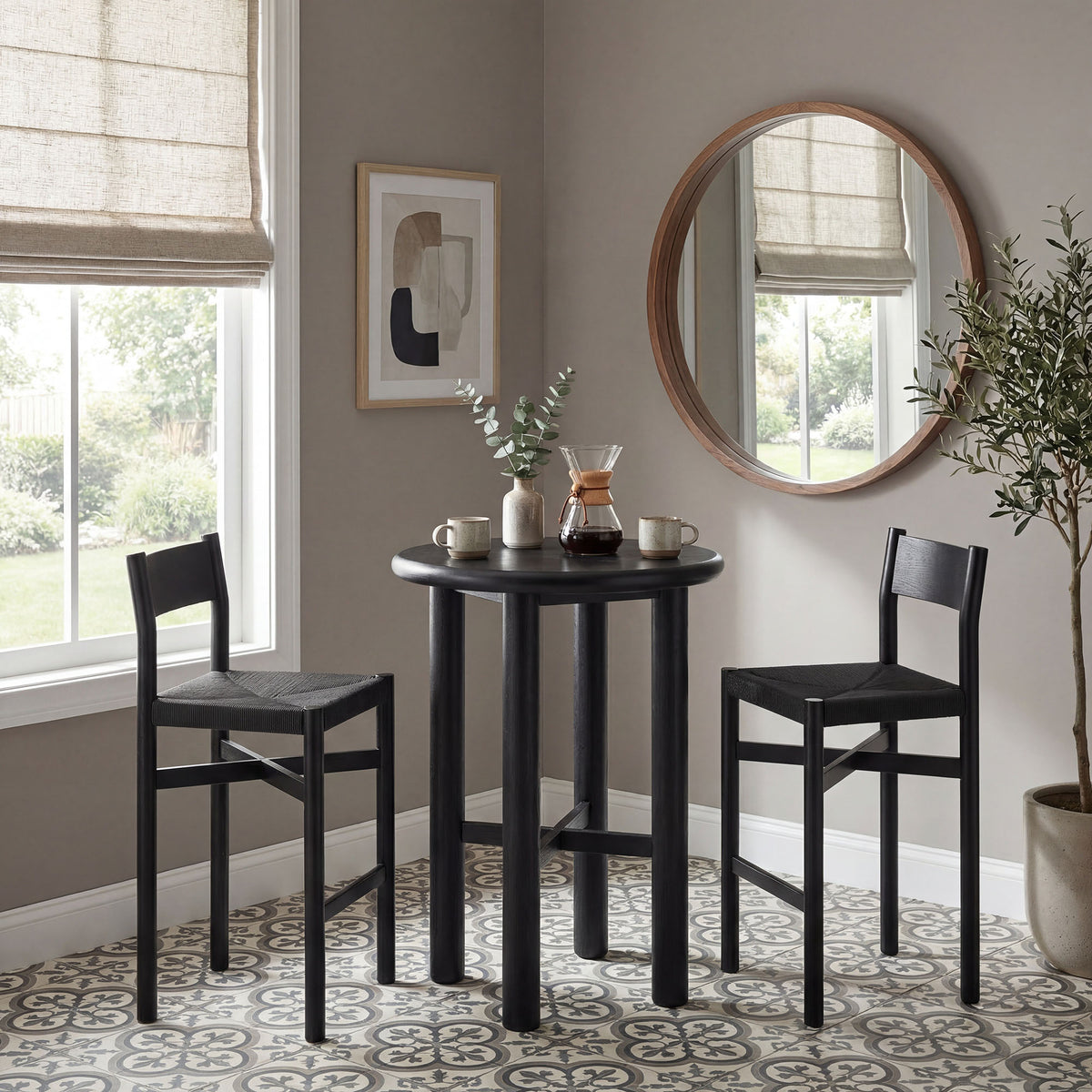 Alvia 3-Piece Round Oak Wood Bar Table With Bar Stools Set - Black