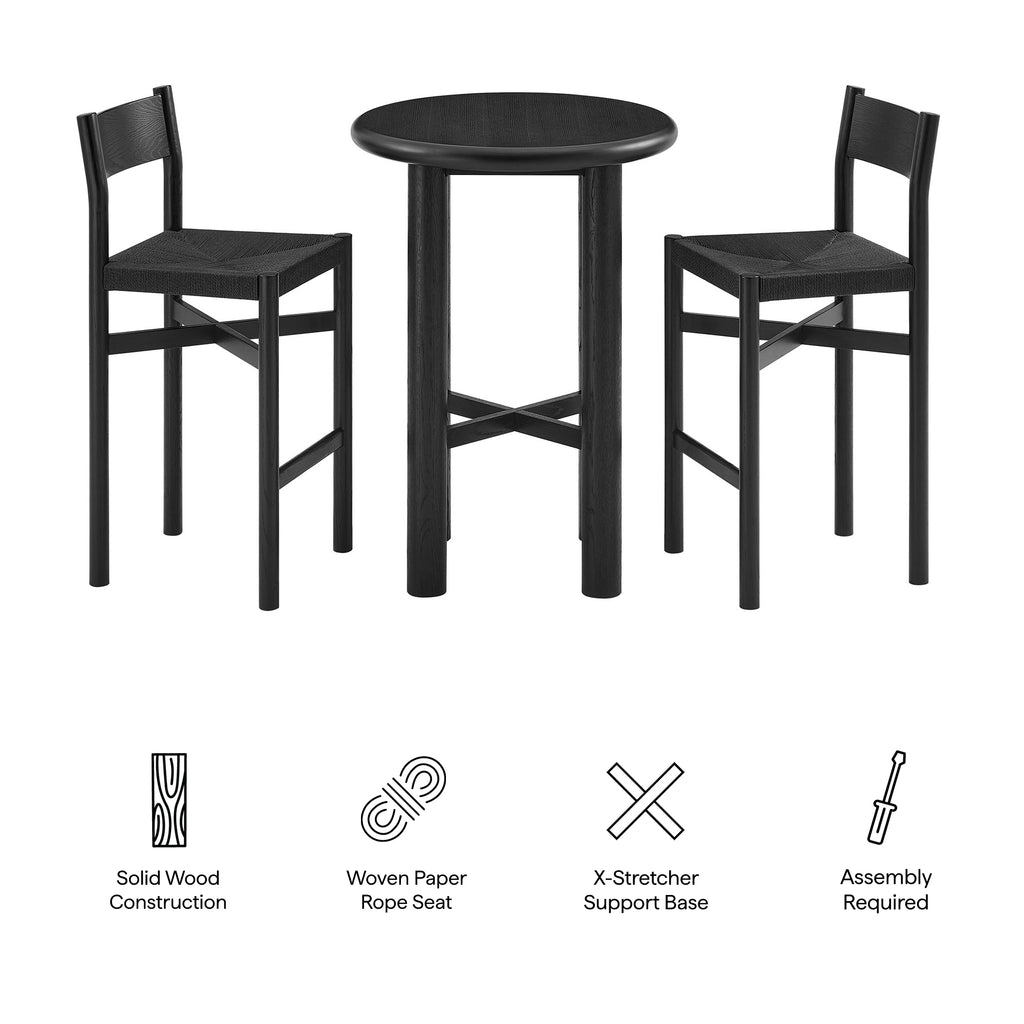 Alvia 3-Piece Round Oak Wood Bar Table With Bar Stools Set - Black