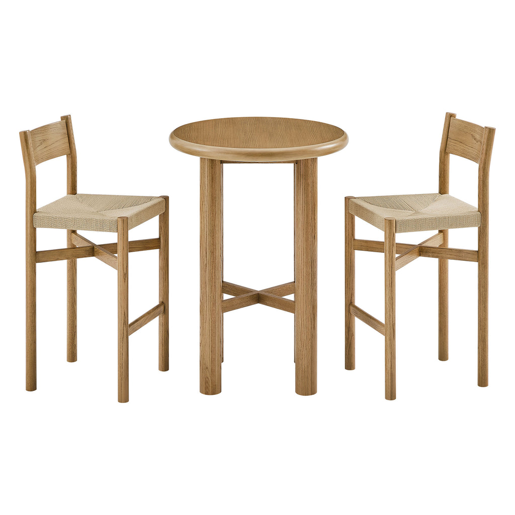 Alvia 3-Piece Round Oak Wood Bar Table With Bar Stools Set - Weathered Oak