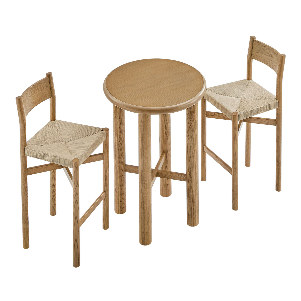 Alvia 3-Piece Round Oak Wood Bar Table With Bar Stools Set - Weathered Oak