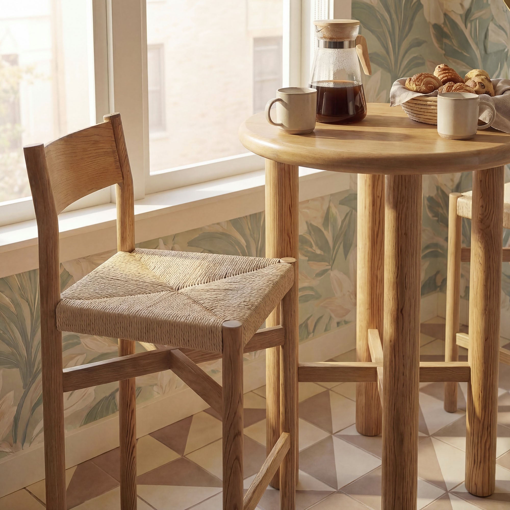Alvia 3-Piece Round Oak Wood Bar Table With Bar Stools Set - Weathered Oak