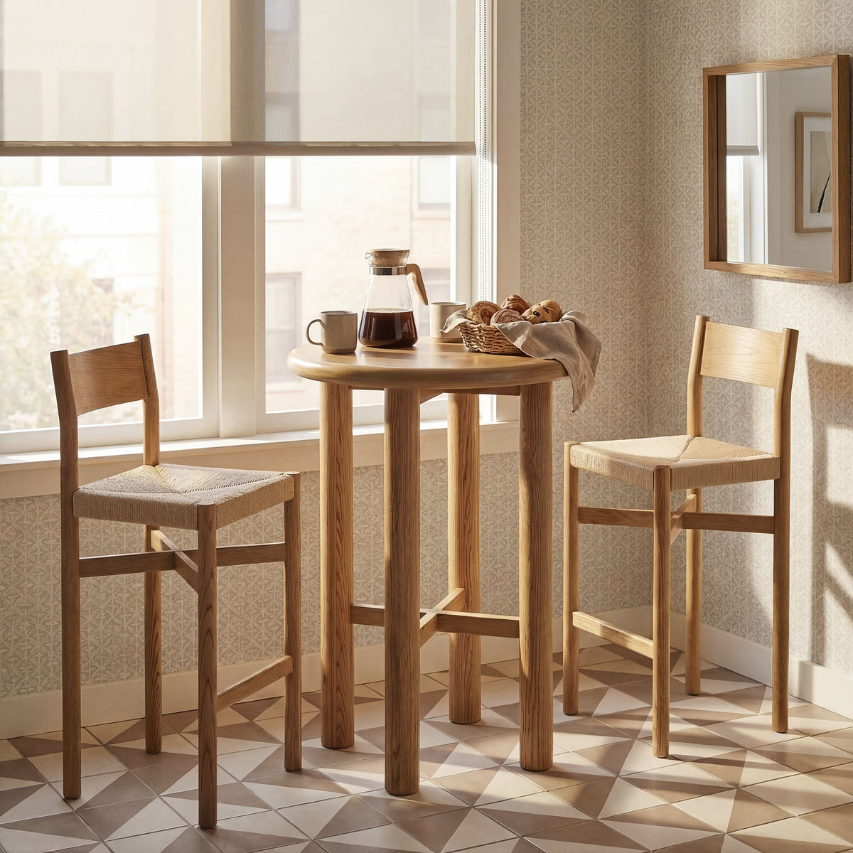 Alvia 3-Piece Round Oak Wood Bar Table With Bar Stools Set - Weathered Oak