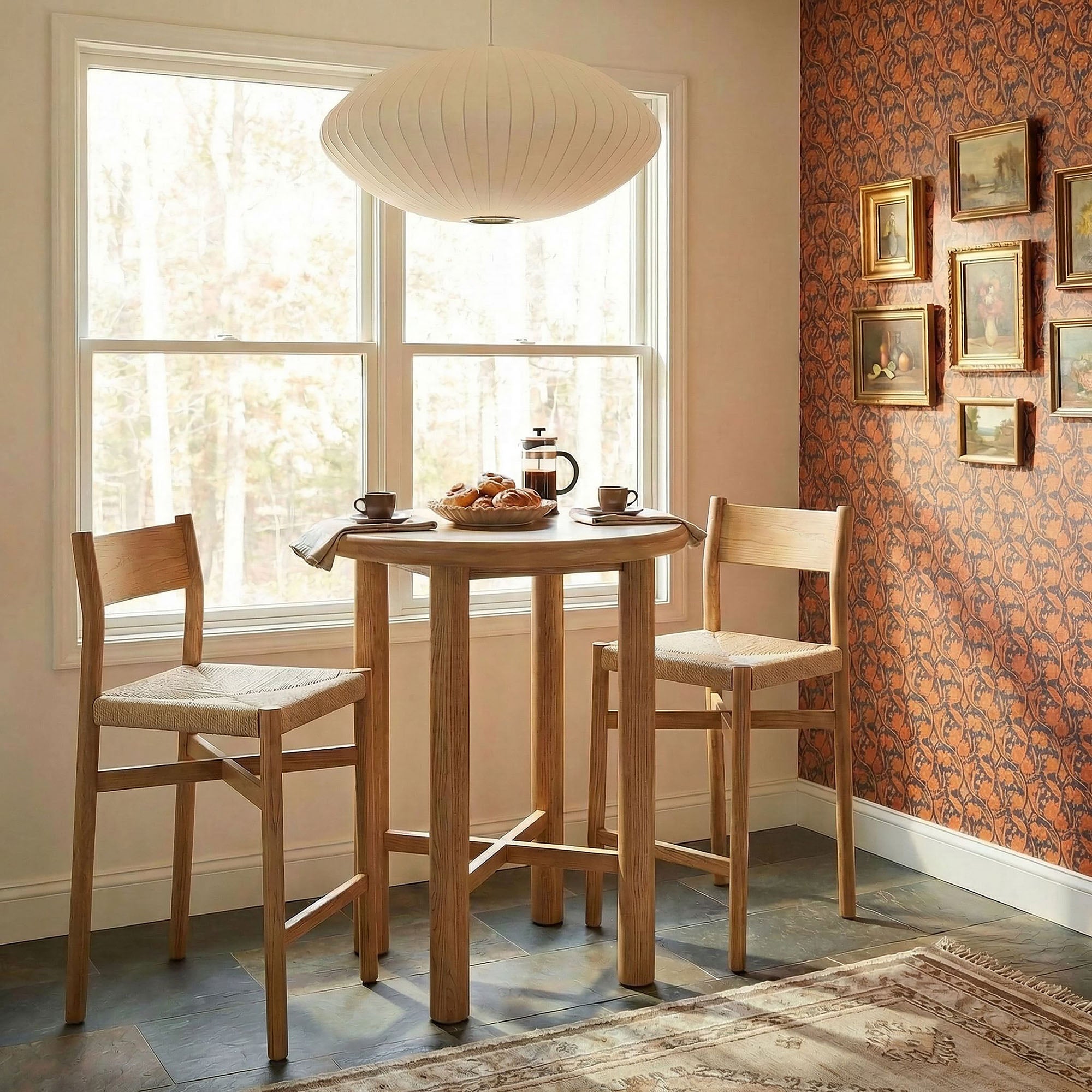 Alvia 3-Piece Round Oak Wood Bar Table With Bar Stools Set - Weathered Oak