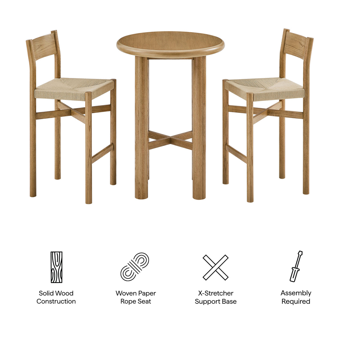 Alvia 3-Piece Round Oak Wood Bar Table With Bar Stools Set - Weathered Oak