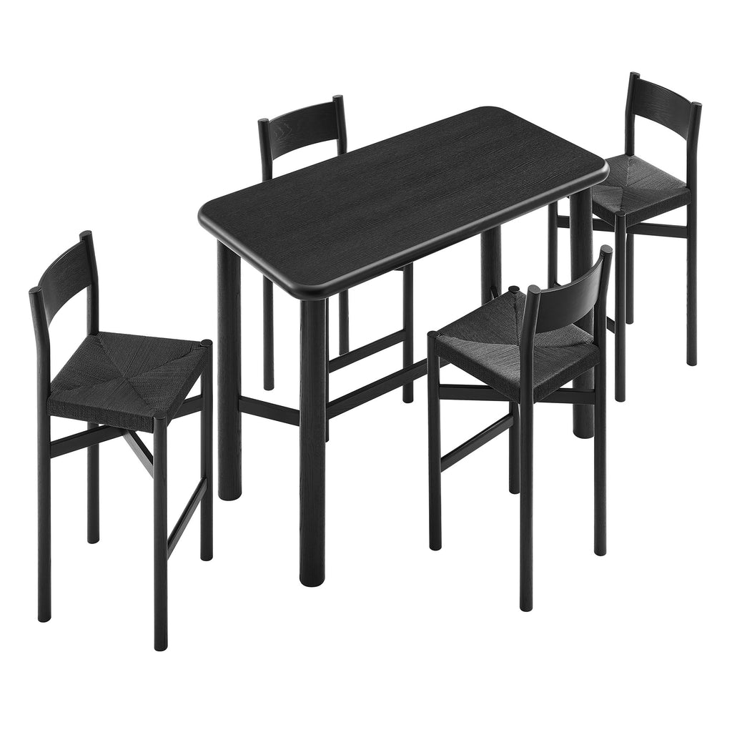 Alvia 5-Piece Rectangular Oak Wood Bar Table With Bar Stools Set - Black