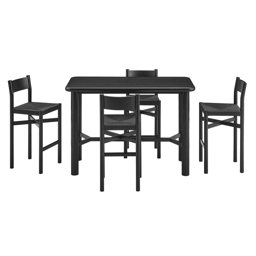 Alvia 5-Piece Rectangular Oak Wood Bar Table With Bar Stools Set - Black