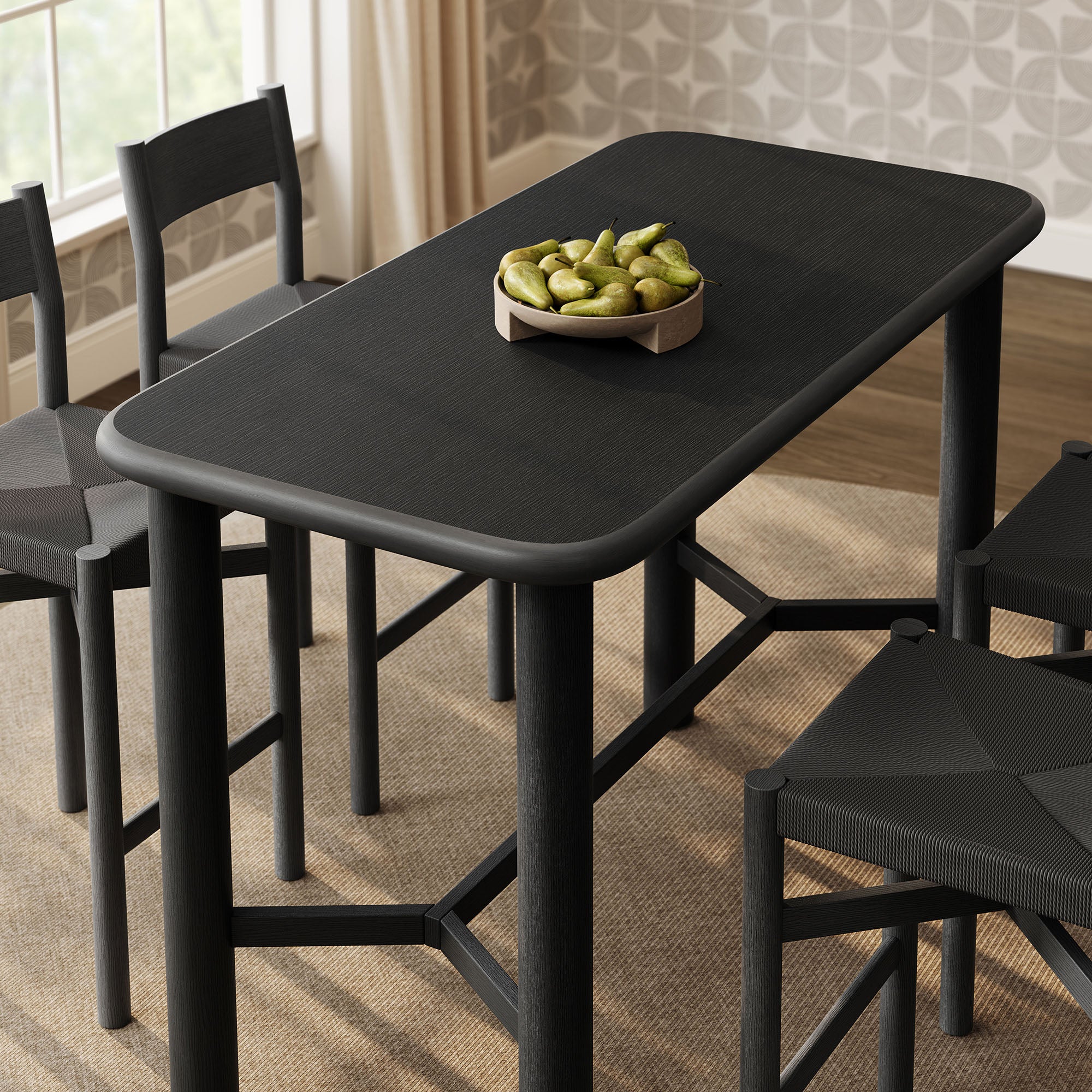 Alvia 5-Piece Rectangular Oak Wood Bar Table With Bar Stools Set - Black