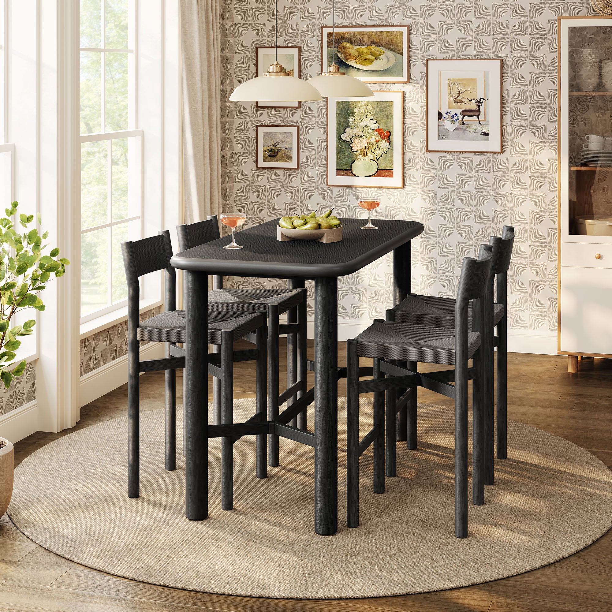 Alvia 5-Piece Rectangular Oak Wood Bar Table With Bar Stools Set - Black