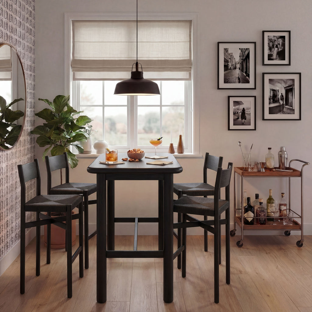 Alvia 5-Piece Rectangular Oak Wood Bar Table With Bar Stools Set - Black