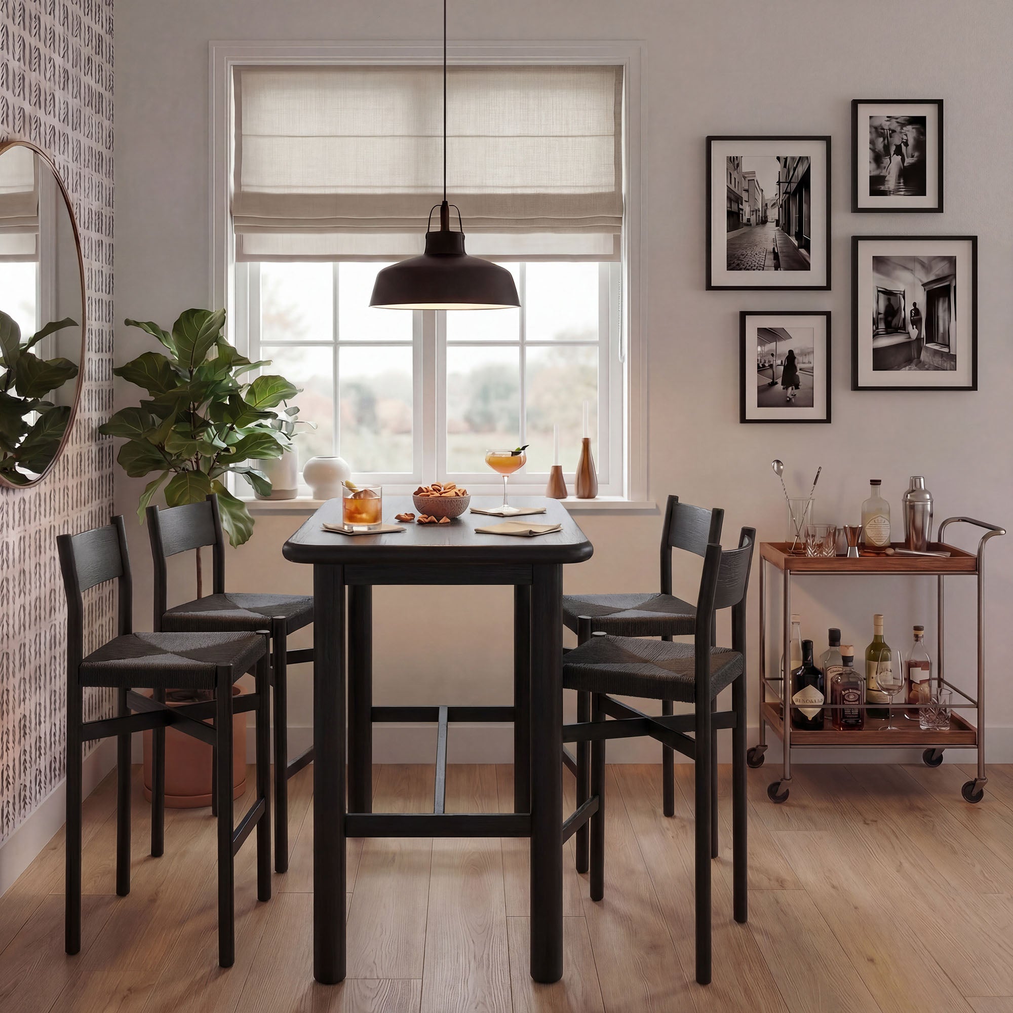 Alvia 5-Piece Rectangular Oak Wood Bar Table With Bar Stools Set - Black