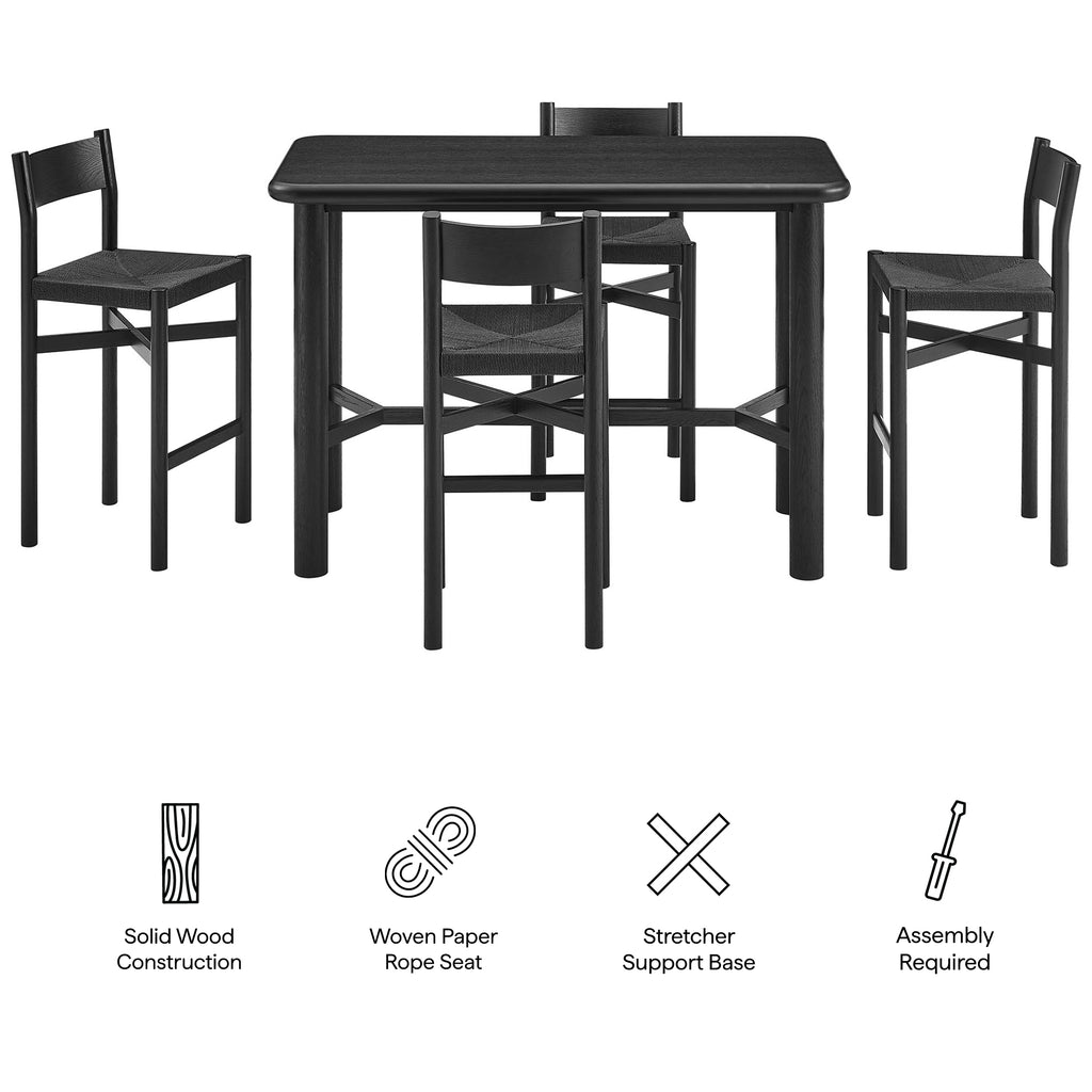 Alvia 5-Piece Rectangular Oak Wood Bar Table With Bar Stools Set - Black