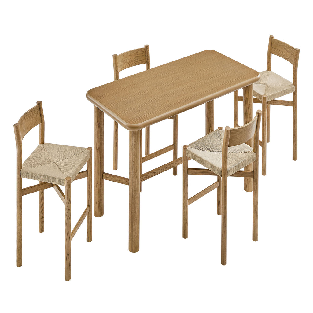 Alvia 5-Piece Rectangular Oak Wood Bar Table With Bar Stools Set - Weathered Oak