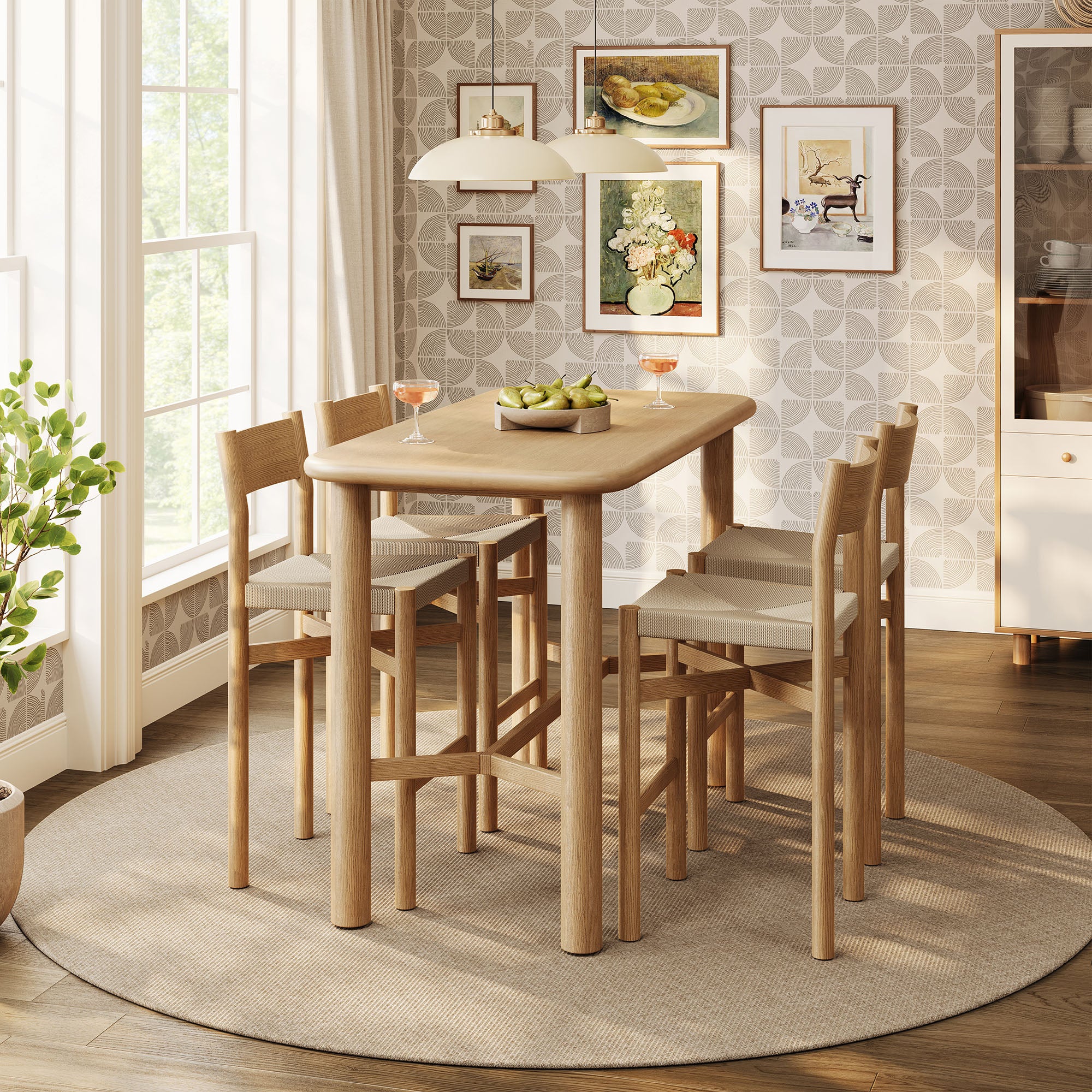 Alvia 5-Piece Rectangular Oak Wood Bar Table With Bar Stools Set - Weathered Oak