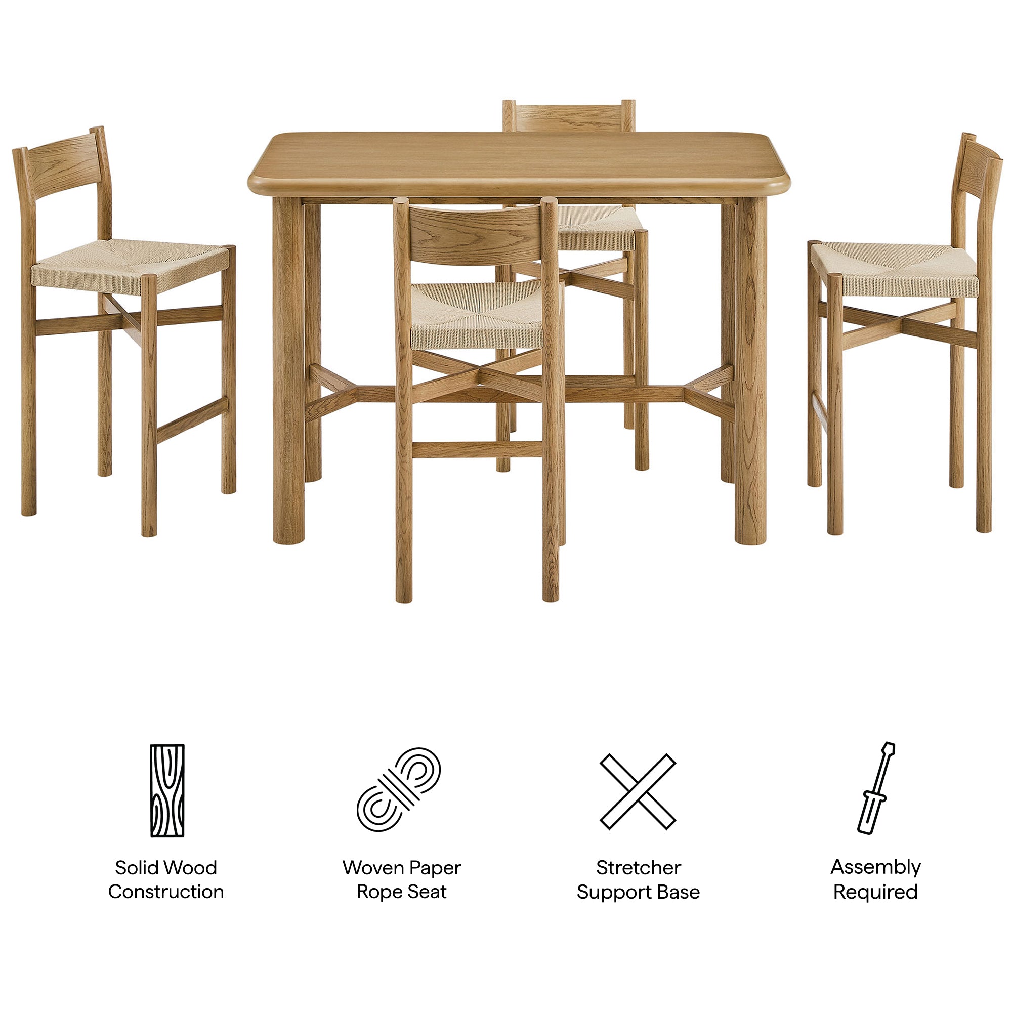 Alvia 5-Piece Rectangular Oak Wood Bar Table With Bar Stools Set - Weathered Oak
