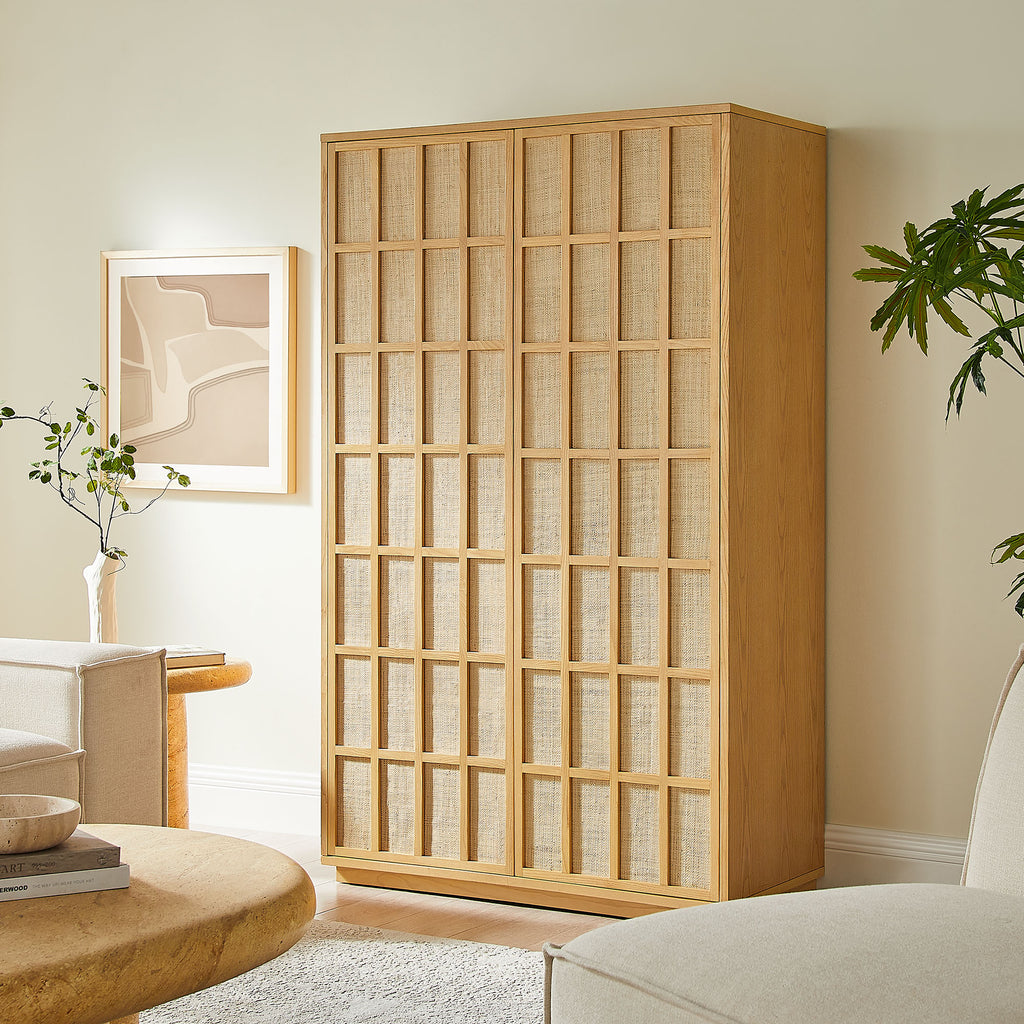 Aiko 64 Inch Tall Japandi Storage Cabinet - Light Oak