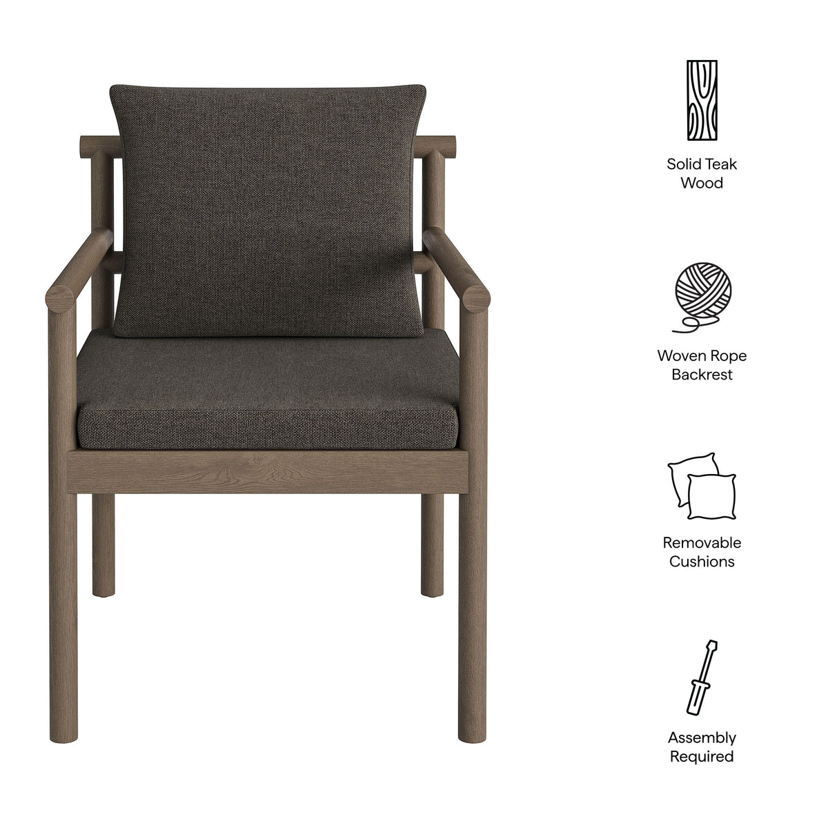 Eleni Outdoor Patio Teak Wood Rope Dining Chair - Weathered Gray Flint