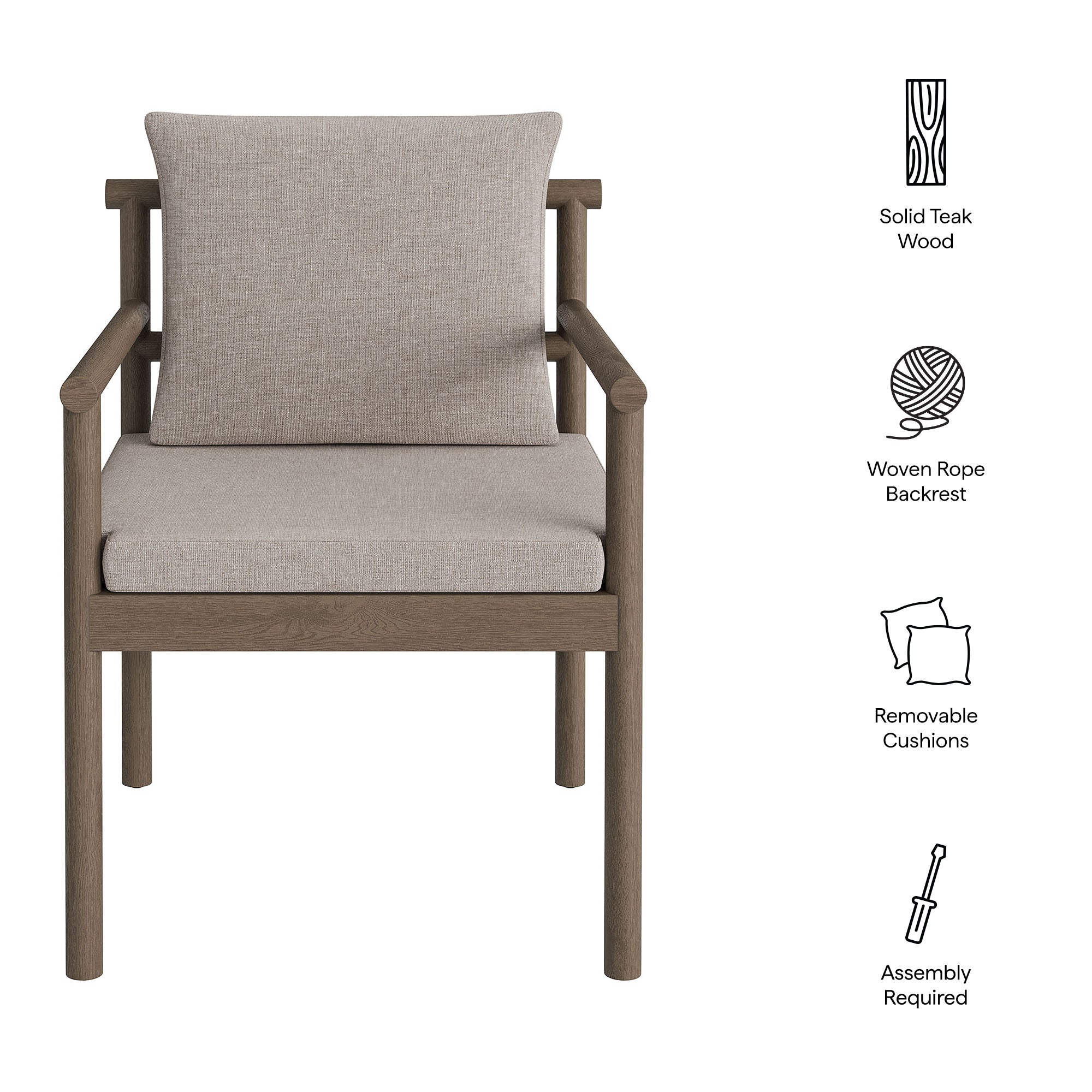 Eleni Outdoor Patio Teak Wood Rope Dining Chair - Weathered Gray Pebble