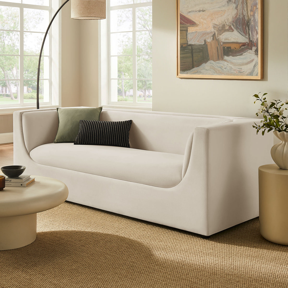 Hilda 86" Curved Back Performance Velvet Sofa - Alabaster