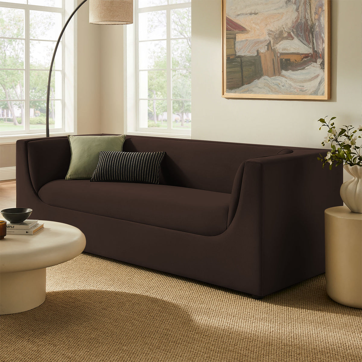 Hilda 86" Curved Back Performance Velvet Sofa - Chocolate Brown