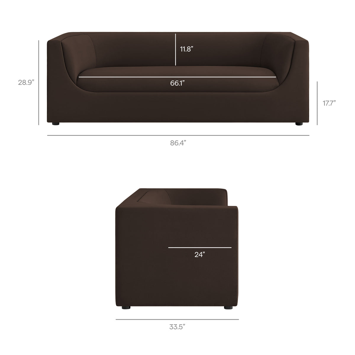 Hilda 86" Curved Back Performance Velvet Sofa - Chocolate Brown