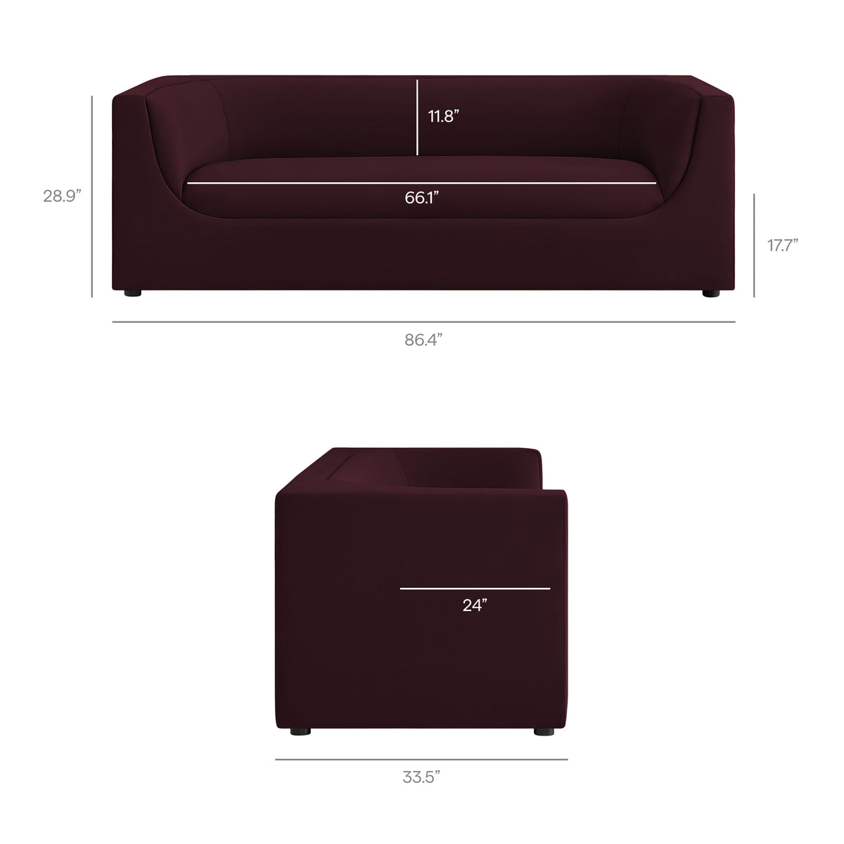 Hilda 86" Curved Back Performance Velvet Sofa - Mulberry