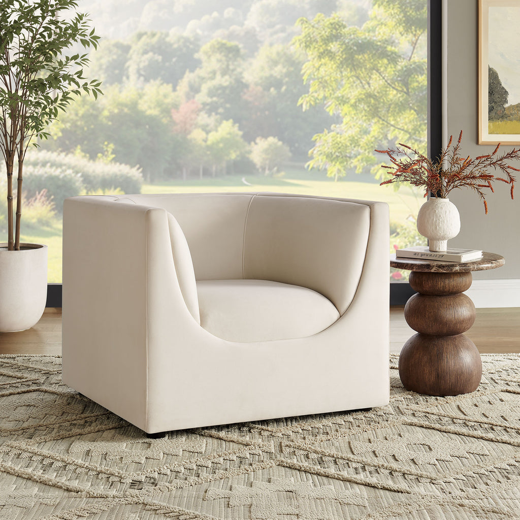 Hilda Curved Back Performance Velvet Armchair - Alabaster