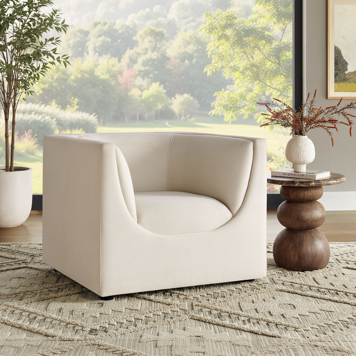 Hilda Curved Back Performance Velvet Armchair - Alabaster