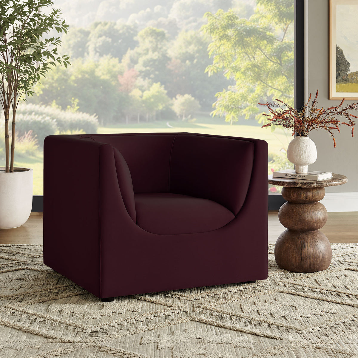 Hilda Curved Back Performance Velvet Armchair - Mulberry