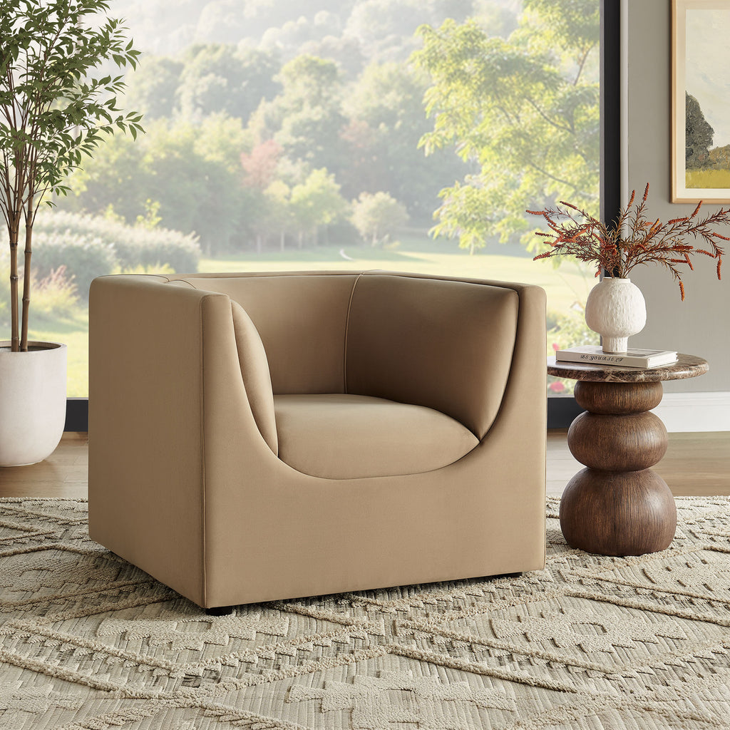 Hilda Curved Back Performance Velvet Armchair - Taupe