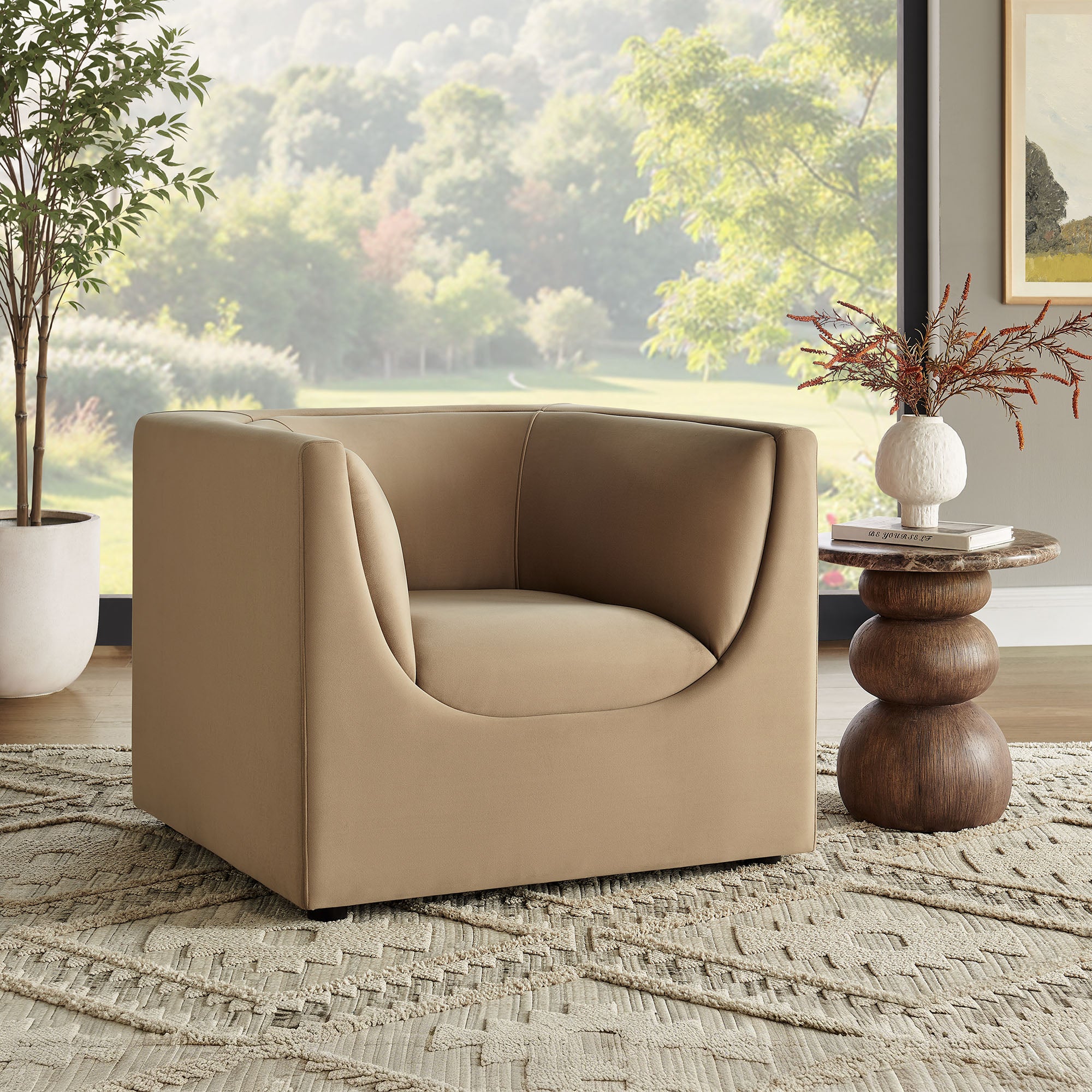 Hilda Curved Back Performance Velvet Armchair - Taupe