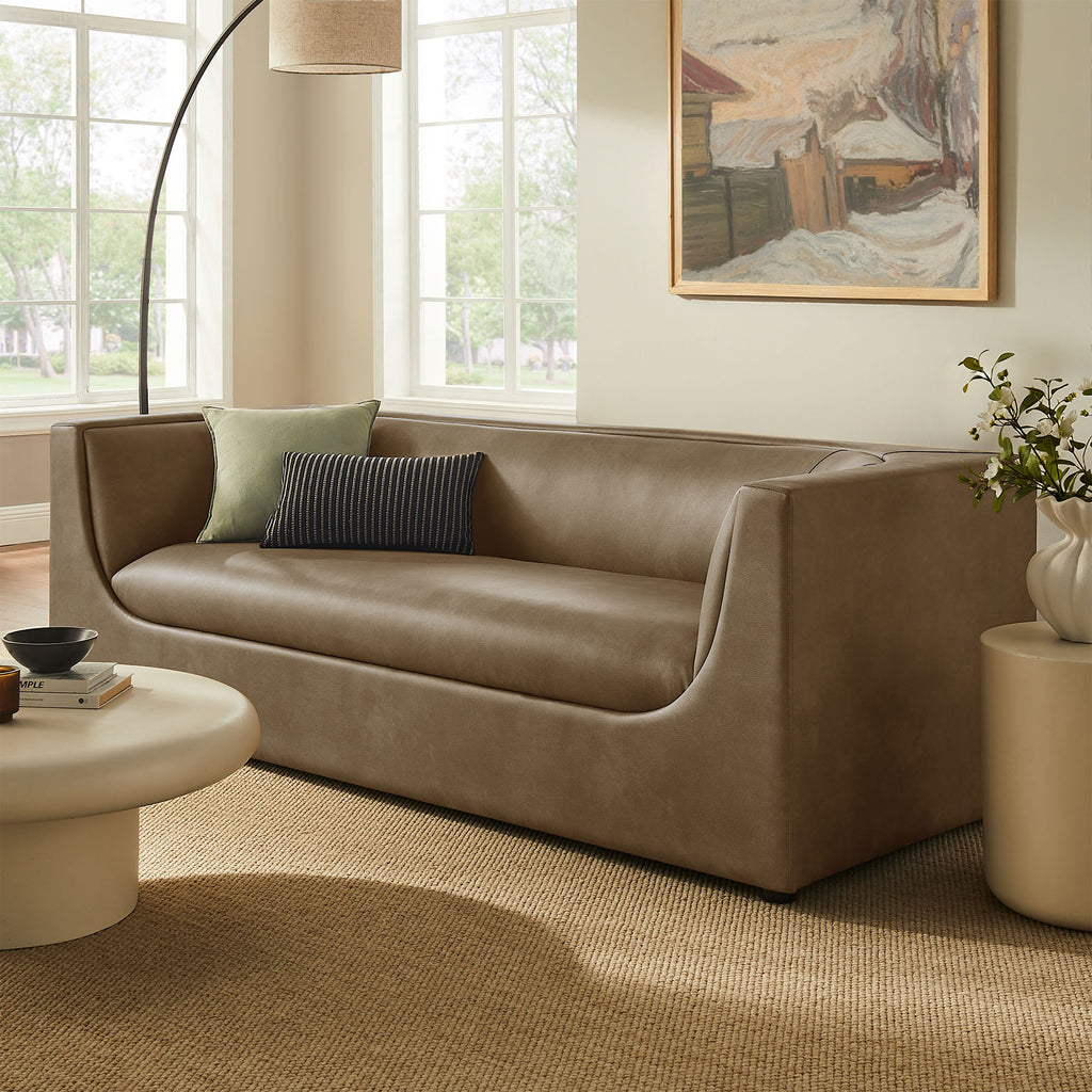 Hilda 86" Curved Back Vegan Leather Sofa - Mushroom