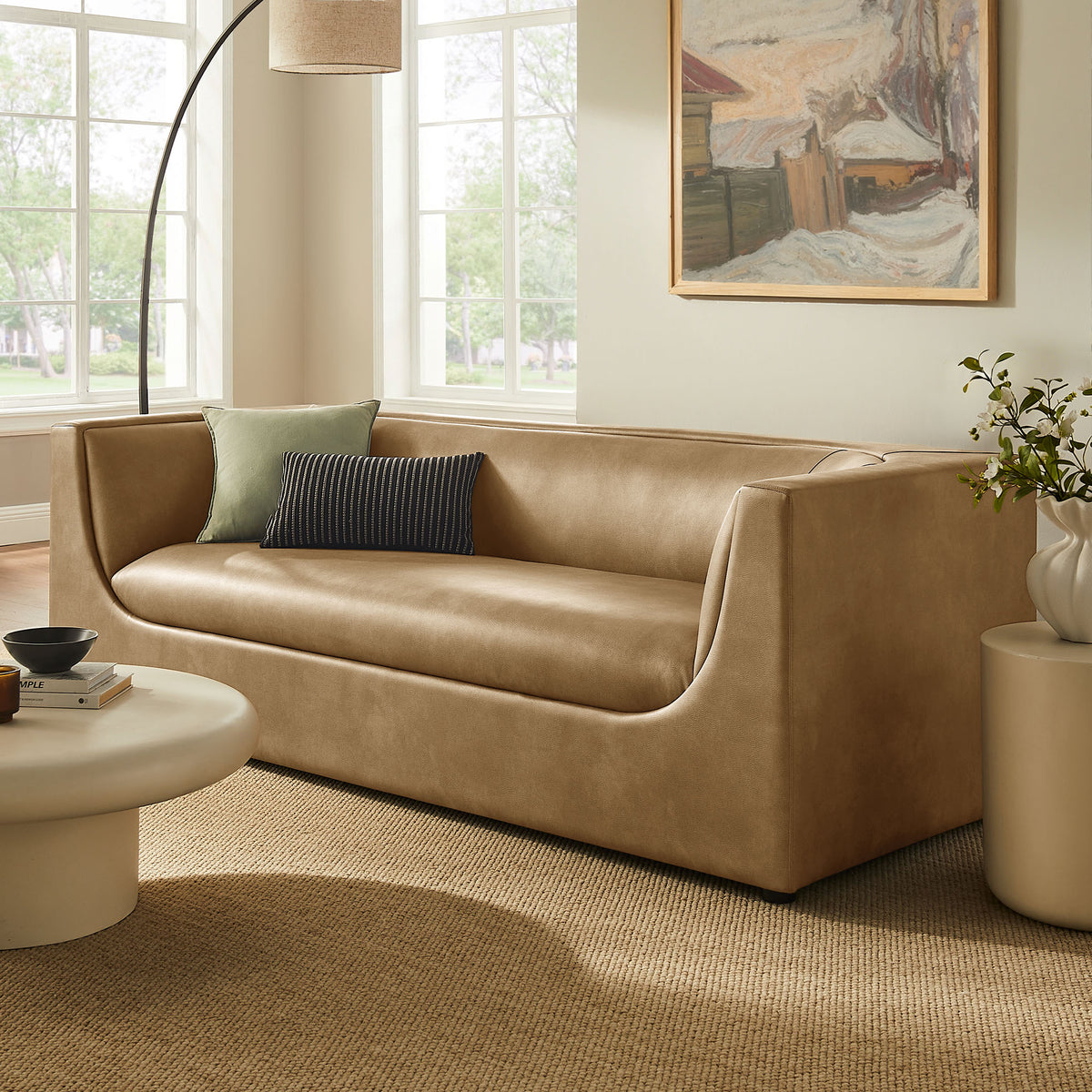 Hilda 86" Curved Back Vegan Leather Sofa - Toast