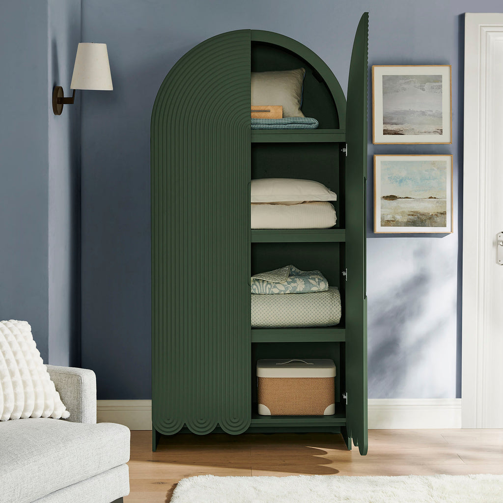 Dahlia 78 Inch Fluted and Scalloped Arched Storage Cabinet - Hunter Green