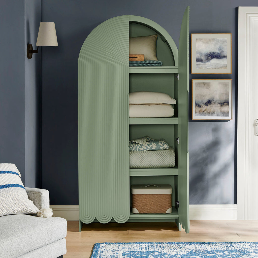 Dahlia 78 Inch Fluted and Scalloped Arched Storage Cabinet - Sage