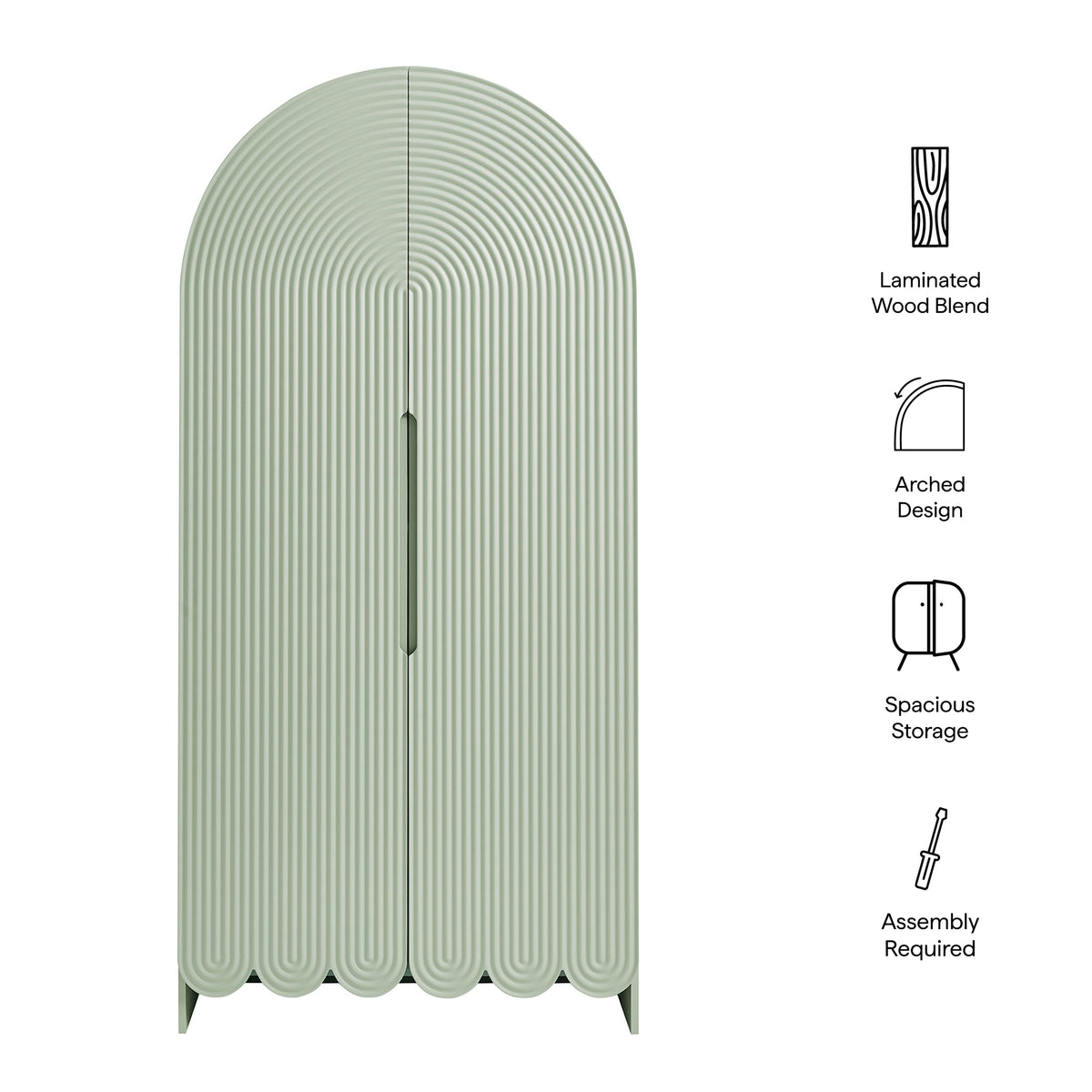 Dahlia 78 Inch Fluted and Scalloped Arched Storage Cabinet - Sage