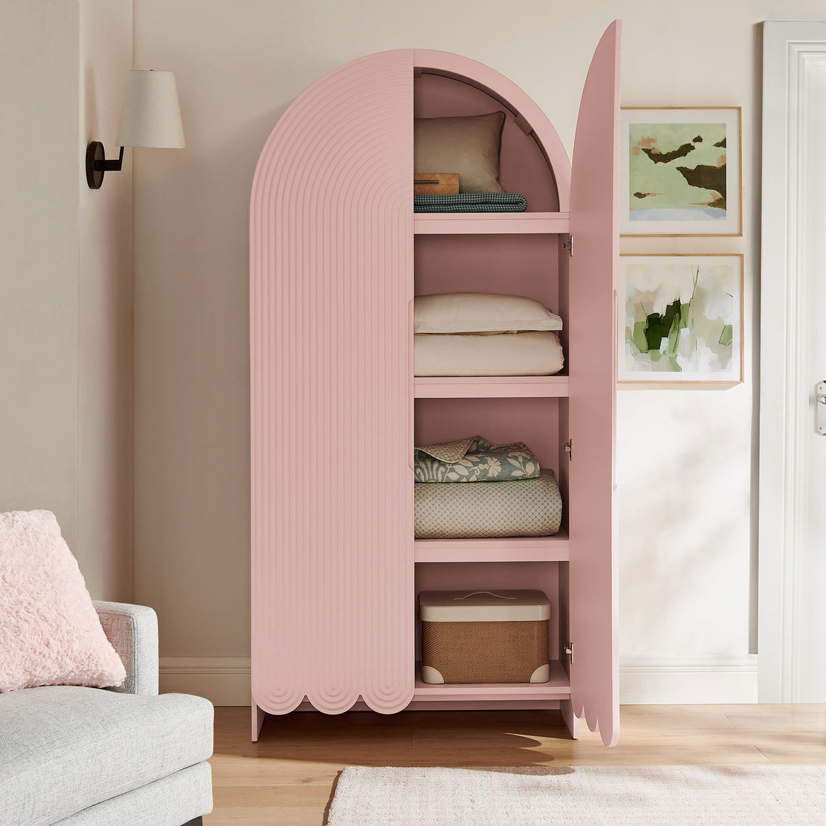 Dahlia 78 Inch Fluted and Scalloped Arched Storage Cabinet - Soft Pink