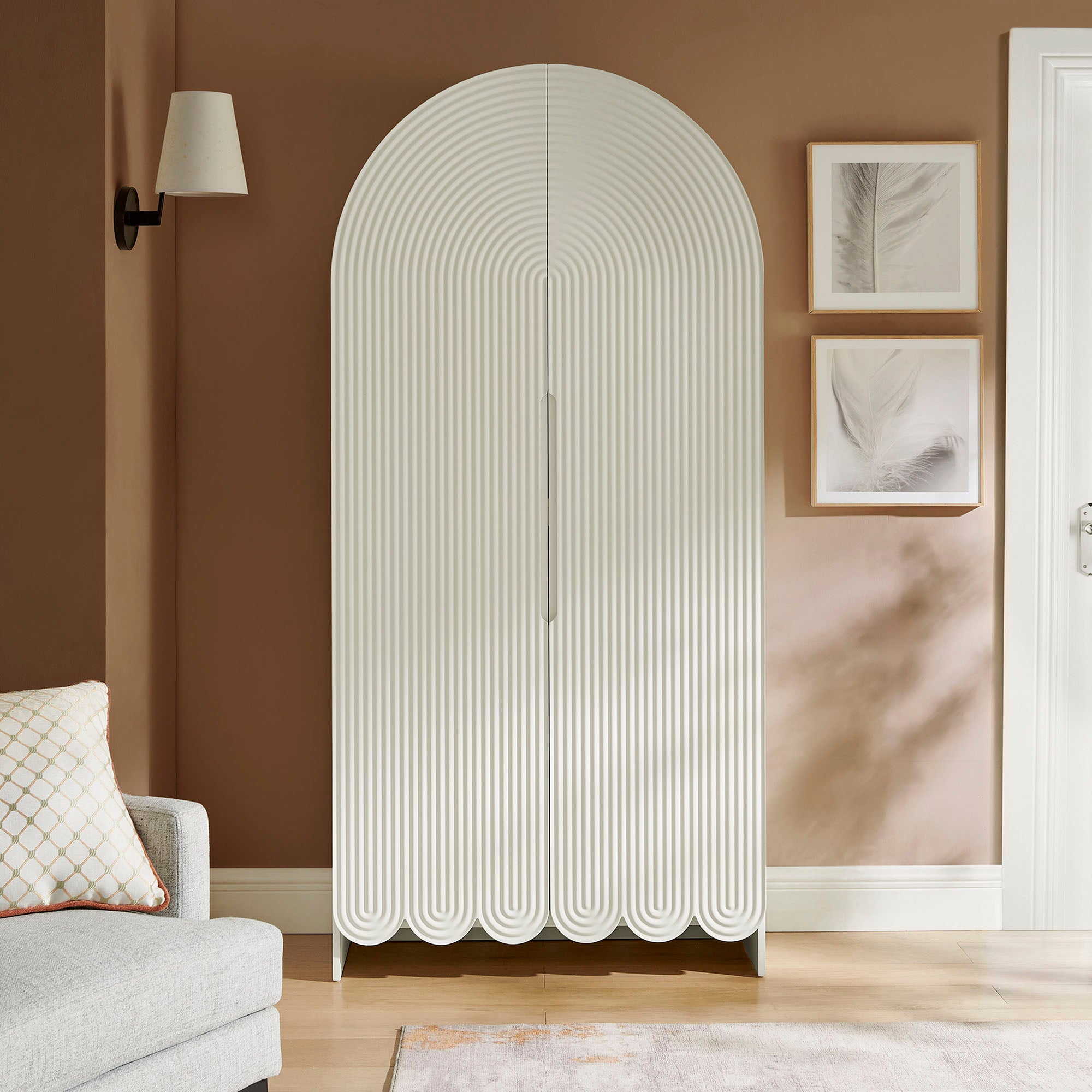 Dahlia 78 Inch Fluted and Scalloped Arched Storage Cabinet - White