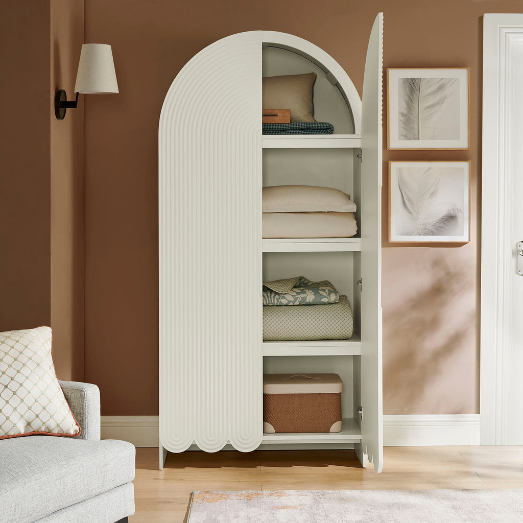 Dahlia 78 Inch Fluted and Scalloped Arched Storage Cabinet - White