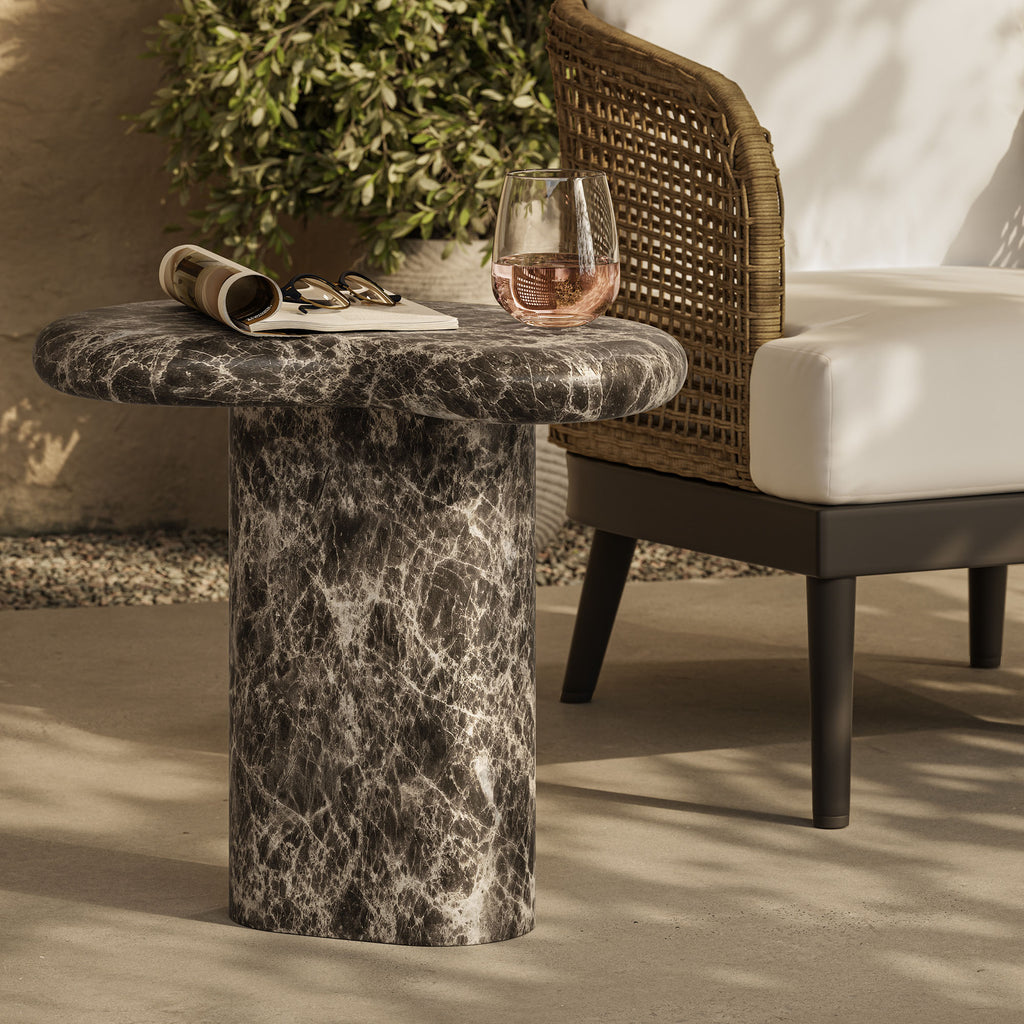 Elowen Outdoor Patio Faux Marble Side Table - Dark Emperador Marble
