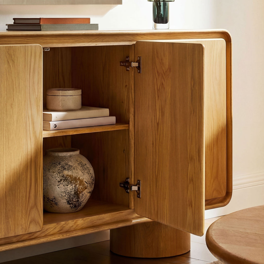 Lumo 3-Door Curved Wood Accent Cabinet - Oak