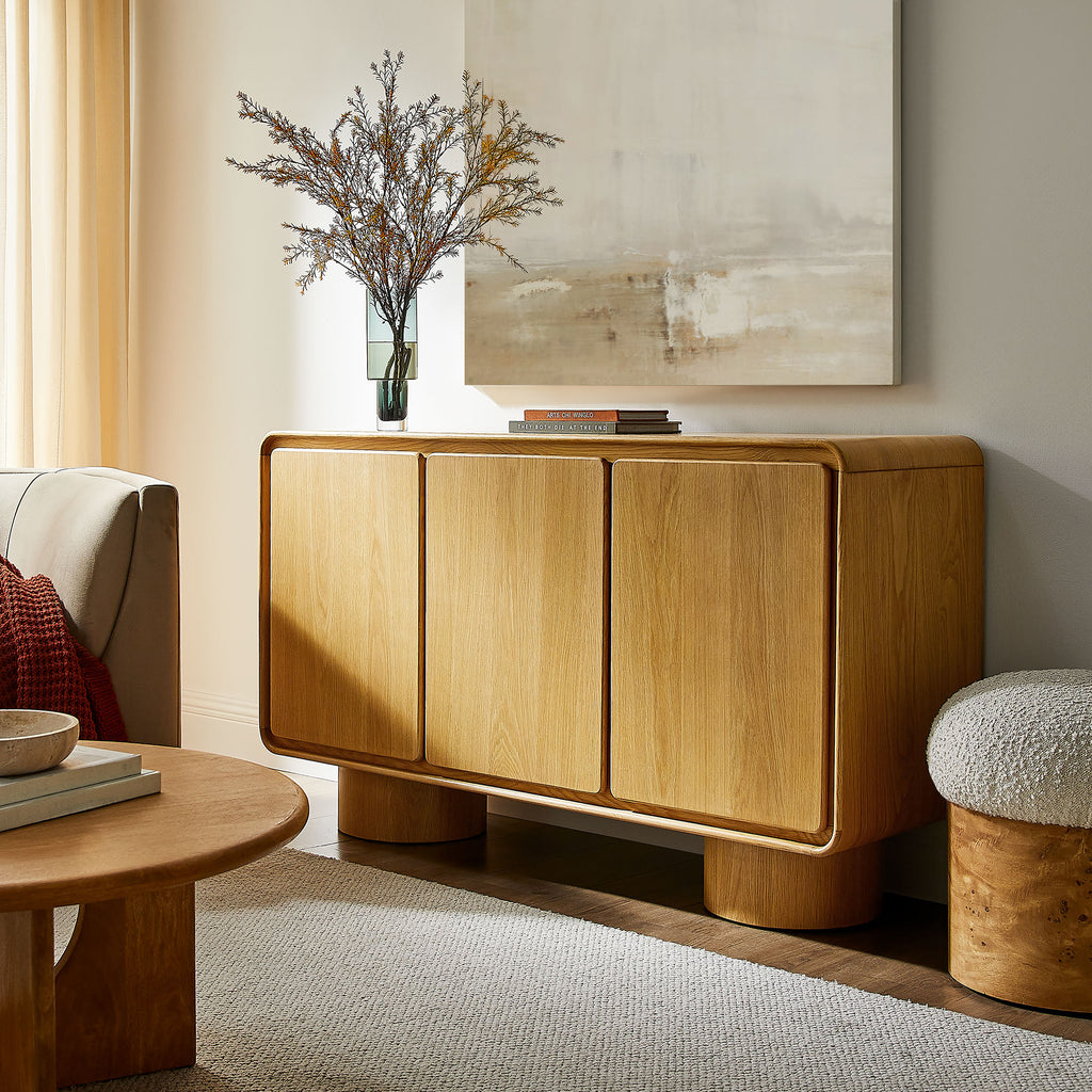 Lumo 3-Door Curved Wood Accent Cabinet - Oak