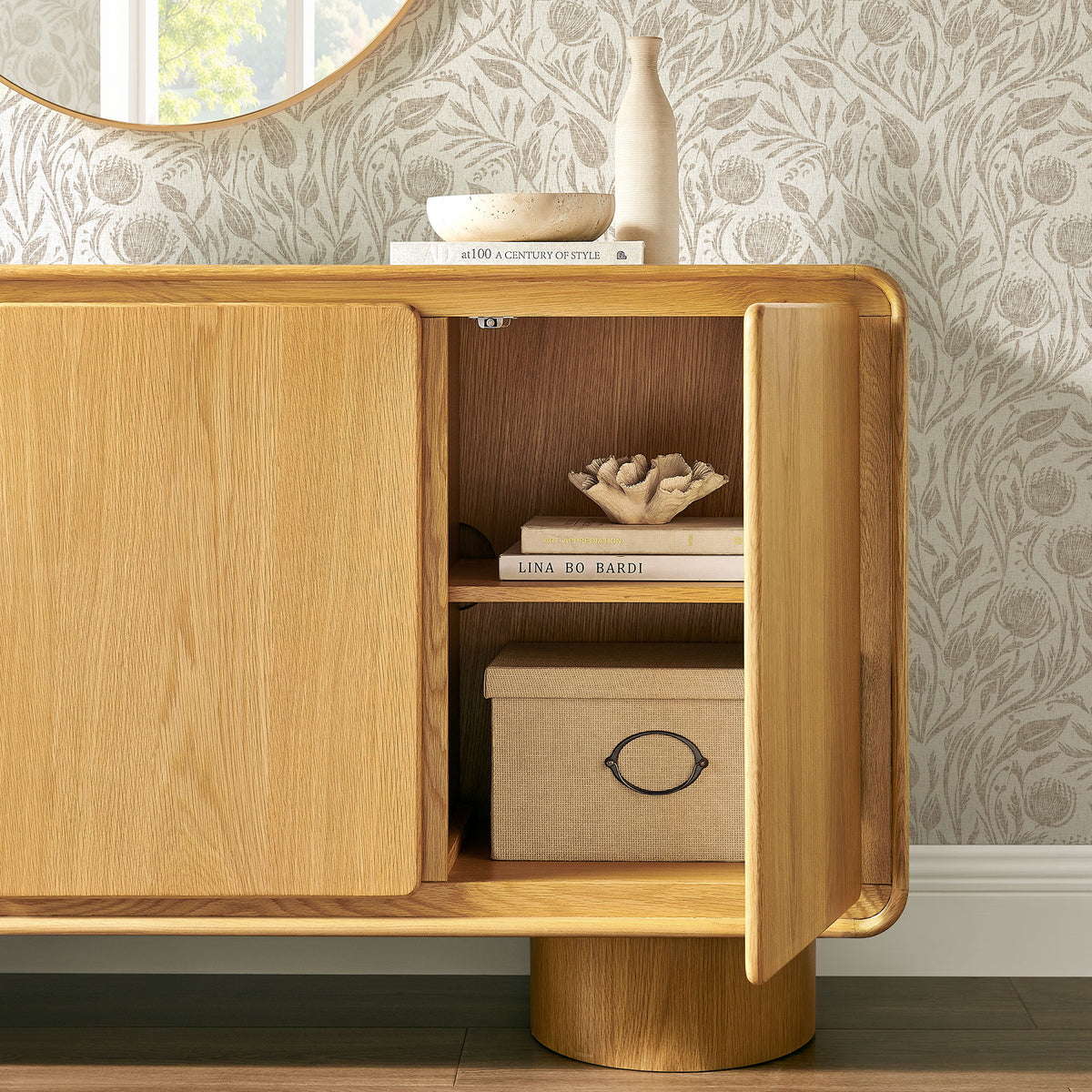 Lumo 3-Door Curved Wood Accent Cabinet - Oak
